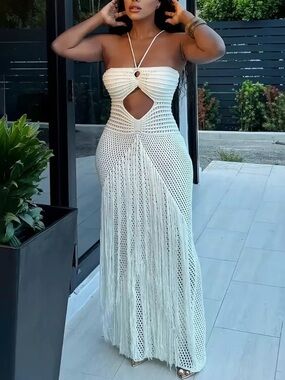 White Crochet Fringe Maxi Dress - Designer